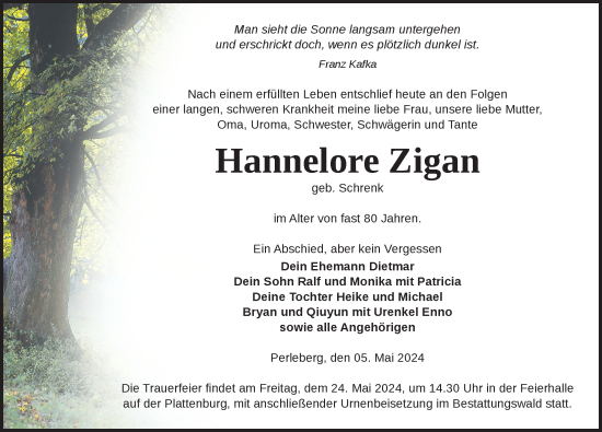 Traueranzeige von Hannelore Zigan 