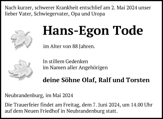 Traueranzeige von Hans-Egon Tode von Nordkurier Neubrandenburger Zeitung