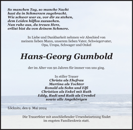 Traueranzeige von Hans-Georg Gumbold von Nordkurier Pasewalker Zeitung