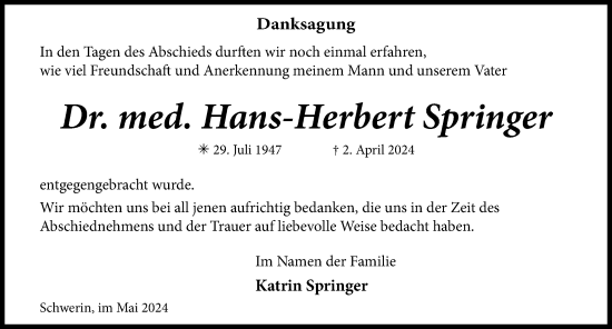 Traueranzeige von Hans-Herbert Springer 