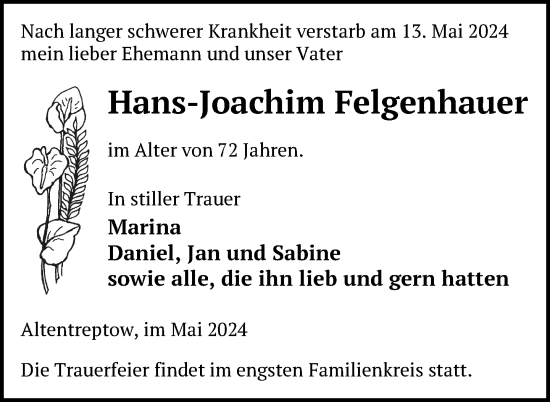 Traueranzeige von Hans-Joachim Felgenhauer von Nordkurier Neubrandenburger Zeitung