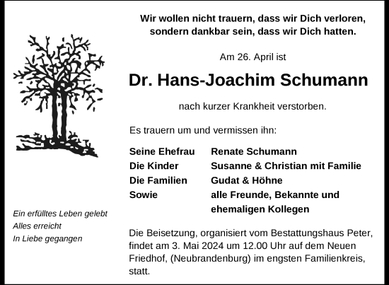 Traueranzeige von Hans-Joachim Schumann von Nordkurier Neubrandenburger Zeitung