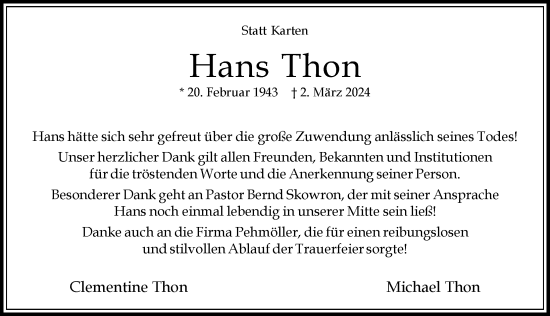Traueranzeige von Hans Thon 
