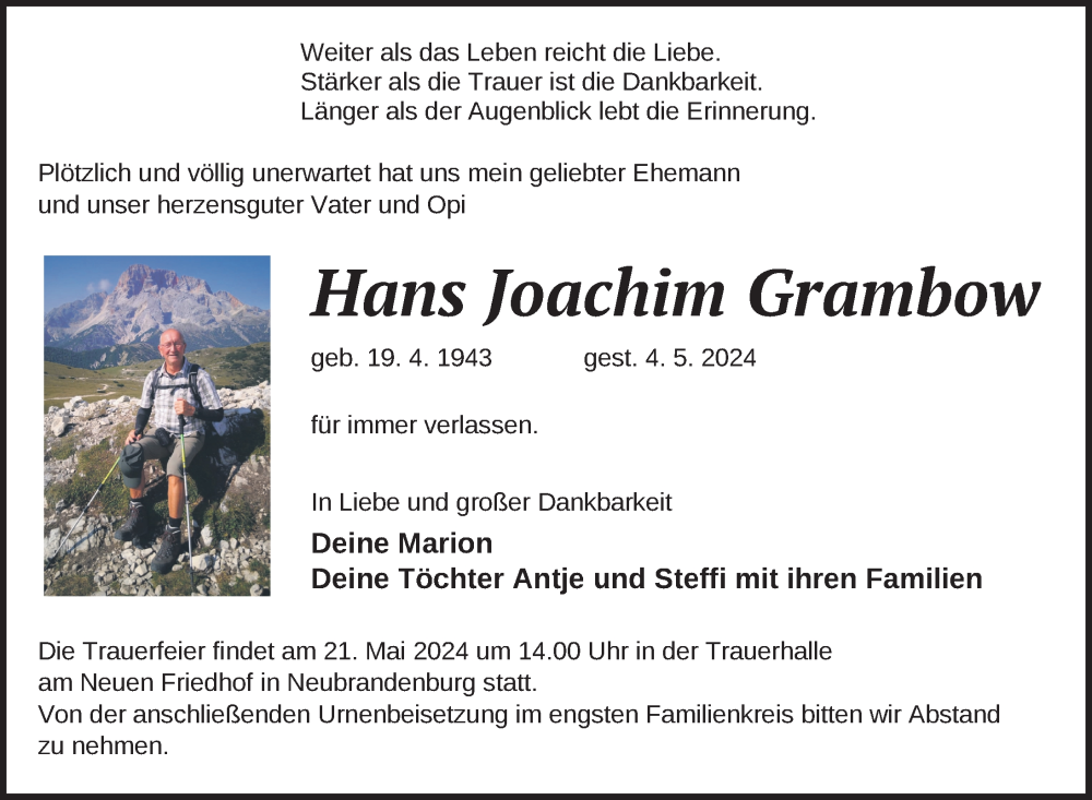  Traueranzeige für Hans Joachim Grambow vom 14.05.2024 aus Nordkurier Neubrandenburger Zeitung
