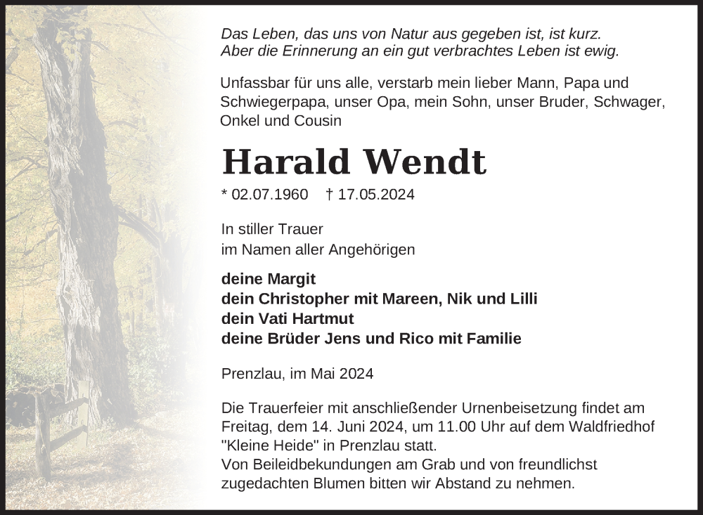  Traueranzeige für Harald Wendt vom 25.05.2024 aus Uckermark Kurier Prenzlauer Zeitung