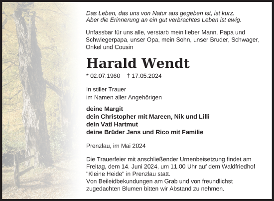 Traueranzeige von Harald Wendt von Uckermark Kurier Prenzlauer Zeitung