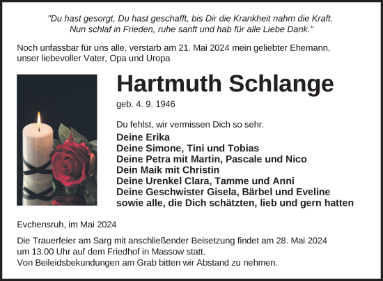 Traueranzeige von Hartmuth Schlange von Nordkurier Müritz-Zeitung