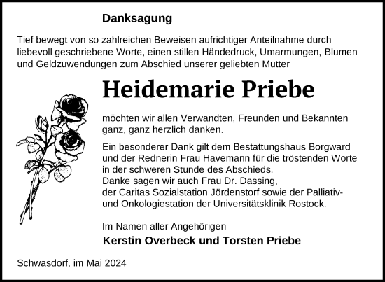 Traueranzeige von Heidemarie Priebe von Nordkurier Mecklenburger Schweiz