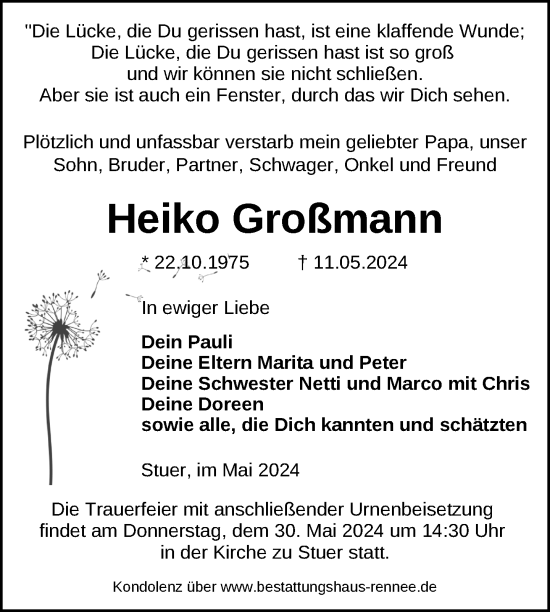 Traueranzeige von Heiko Großmann von Nordkurier Müritz-Zeitung