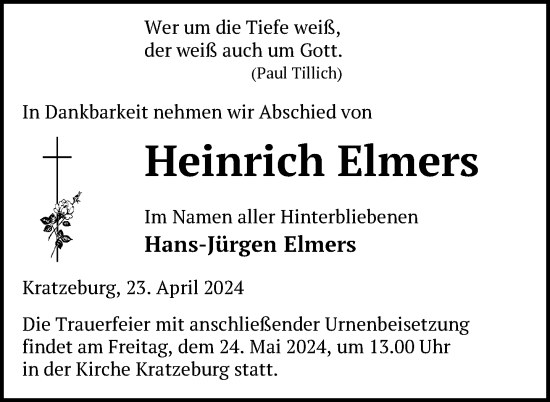 Traueranzeige von Heinrich Elmers von Nordkurier Strelitzer Zeitung