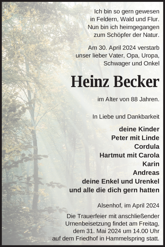Traueranzeige von Heinz Becker von Uckermark Kurier Templiner Zeitung