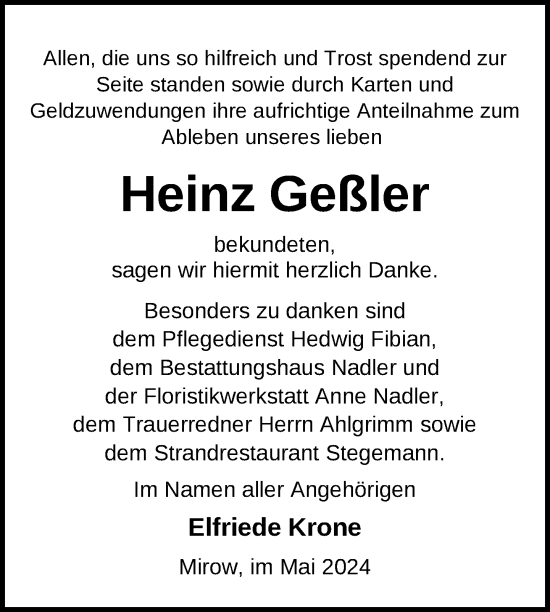 Traueranzeige von Heinz Geßler von Nordkurier Strelitzer Zeitung