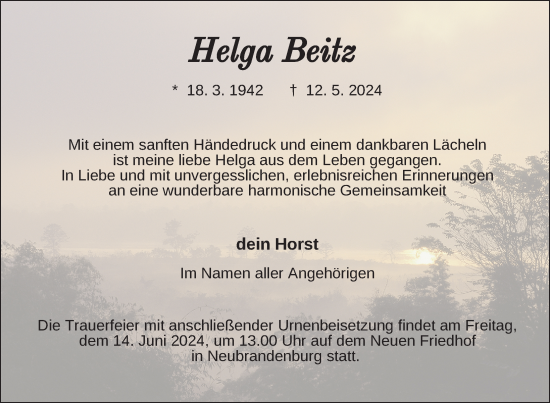 Traueranzeige von Helga Beitz von Nordkurier Neubrandenburger Zeitung