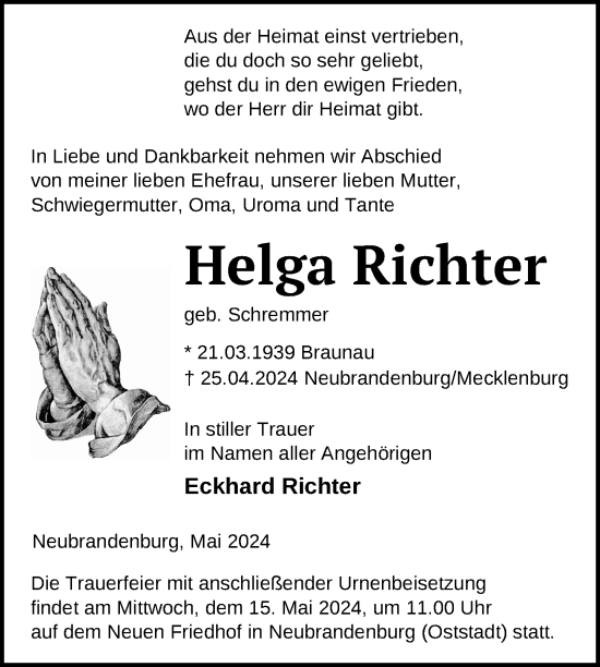Traueranzeige von Helga Richter von Nordkurier Neubrandenburger Zeitung