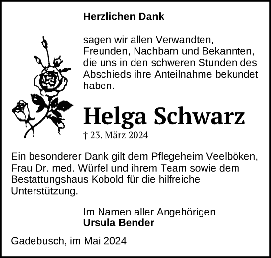 Traueranzeige von Helga Schwarz 