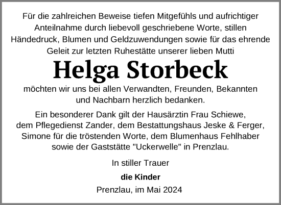 Traueranzeige von Helga Storbeck von Uckermark Kurier Prenzlauer Zeitung