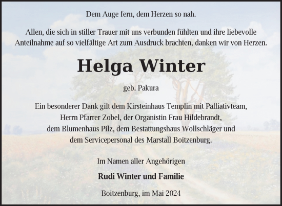 Traueranzeige von Helga Winter von Uckermark Kurier Templiner Zeitung