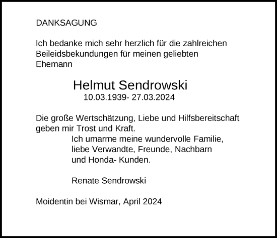Traueranzeige von Helmut Sendrowski 