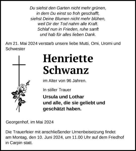 Traueranzeige von Henriette Schwanz von Nordkurier Strelitzer Zeitung