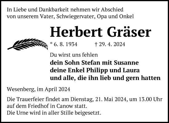 Traueranzeige von Herbert Gräser von Nordkurier Strelitzer Zeitung