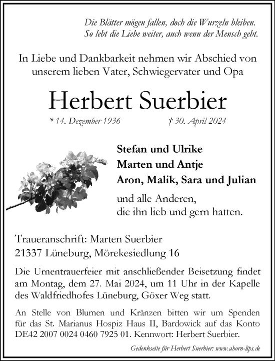 Traueranzeige von Herbert Suerbier 