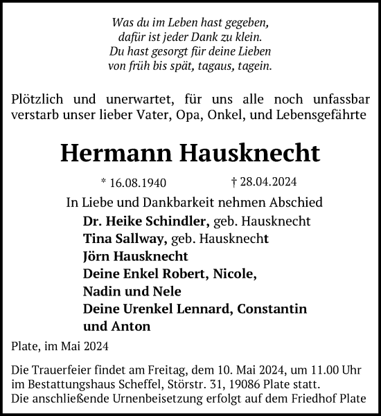 Traueranzeige von Hermann Hausknecht 
