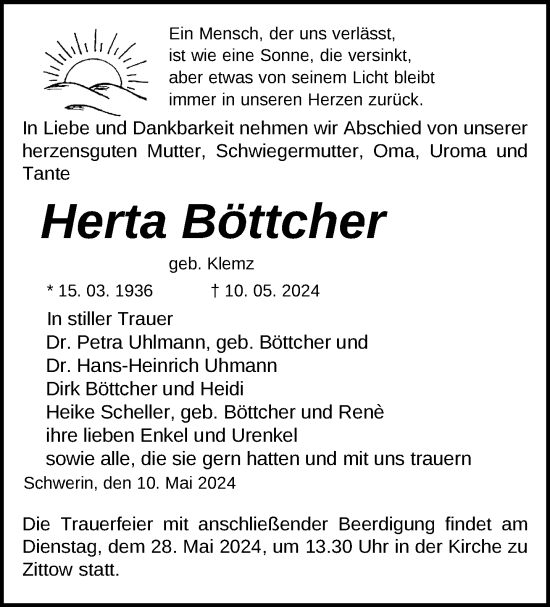 Traueranzeige von Herta Böttcher 