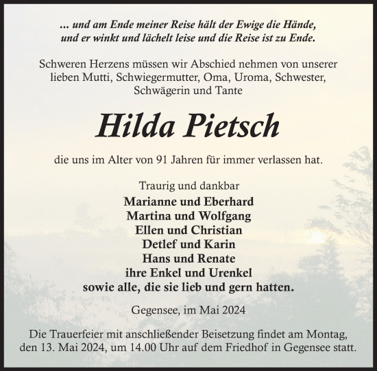 Traueranzeige von Hilda Pietsch von Nordkurier Haff-Zeitung