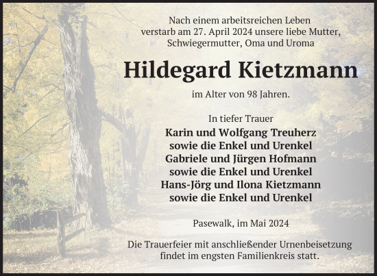 Traueranzeige von Hildegard Kietzmann von Nordkurier Pasewalker Zeitung