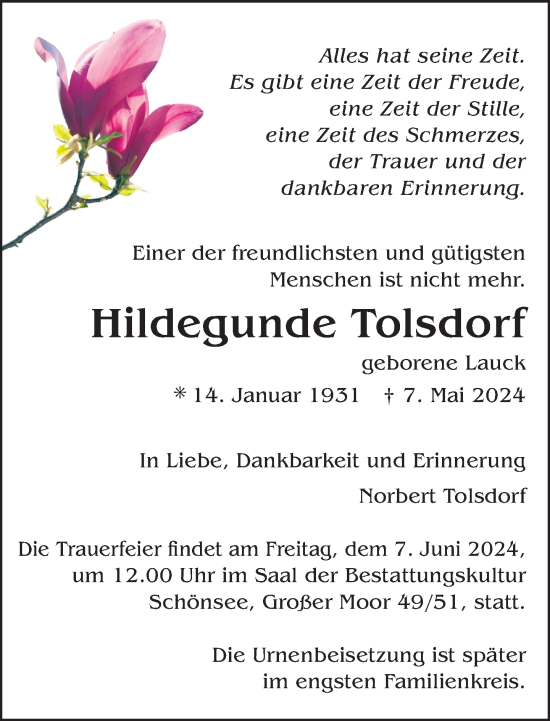 Traueranzeige von Hildegunde Tolsdorf 