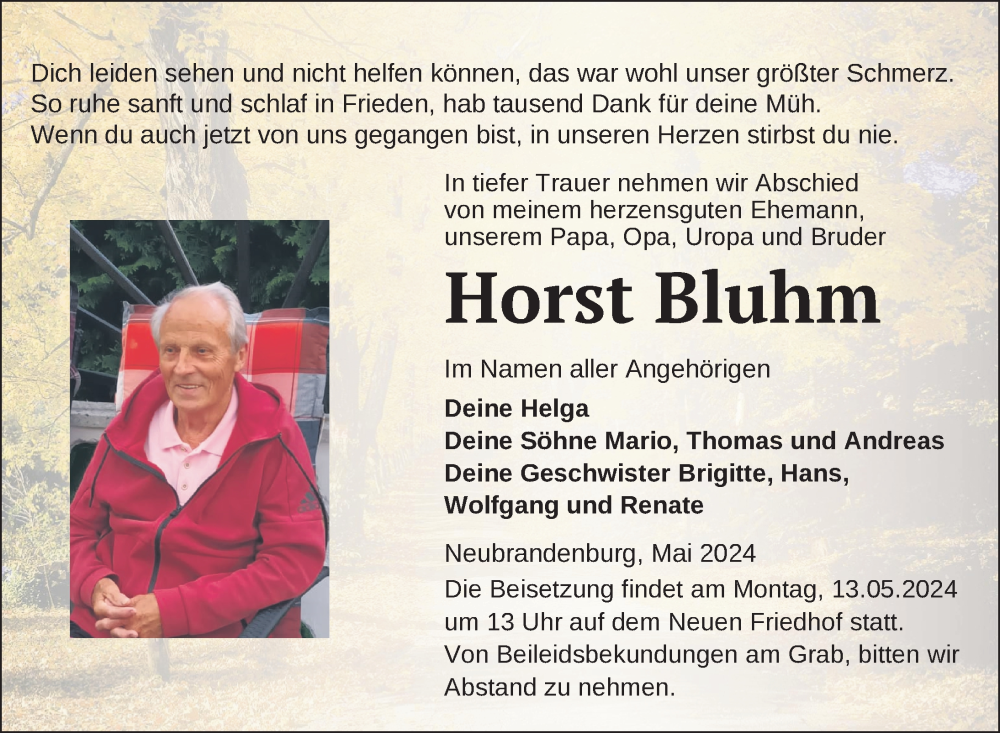 Traueranzeige für Horst Bluhm vom 08.05.2024 aus Nordkurier Neubrandenburger Zeitung