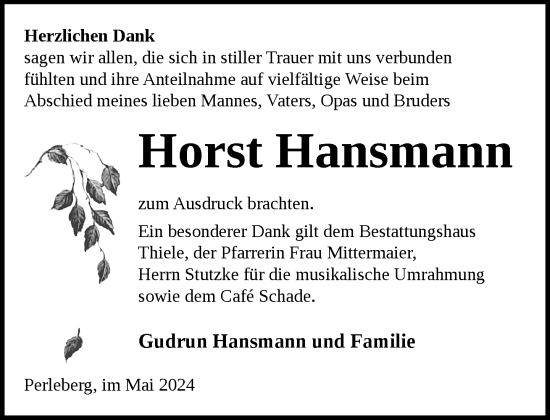 Traueranzeige von Horst Hansmann 