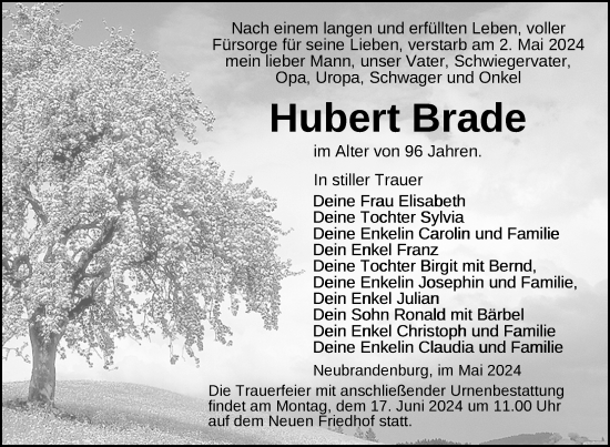 Traueranzeige von Hubert Brade von Nordkurier Neubrandenburger Zeitung