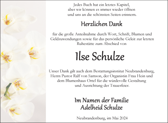 Traueranzeige von Ilse Schulze von Nordkurier Neubrandenburger Zeitung