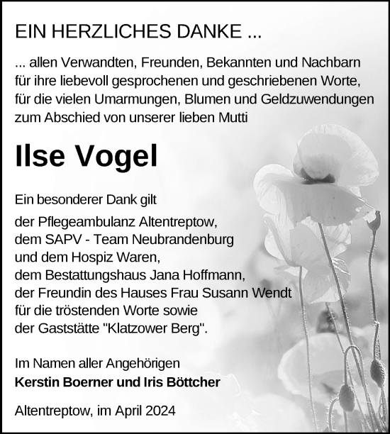 Traueranzeige von Ilse Vogel von Nordkurier Neubrandenburger Zeitung