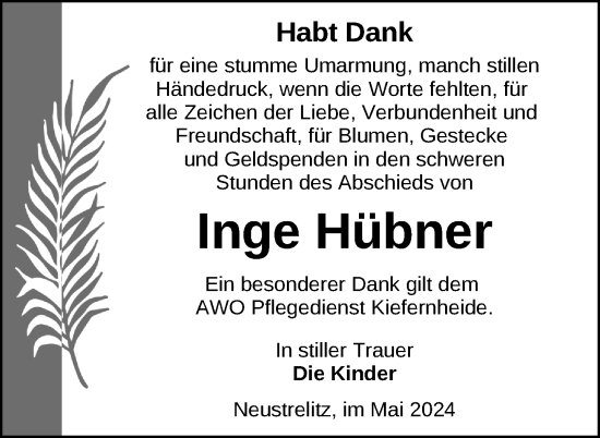 Traueranzeige von Inge Hübner von Nordkurier Strelitzer Zeitung