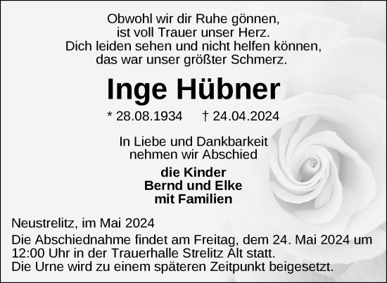 Traueranzeige von Inge Hübner von Nordkurier Strelitzer Zeitung