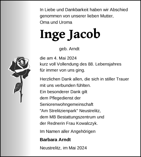 Traueranzeige von Inge Jacob von Nordkurier Strelitzer Zeitung