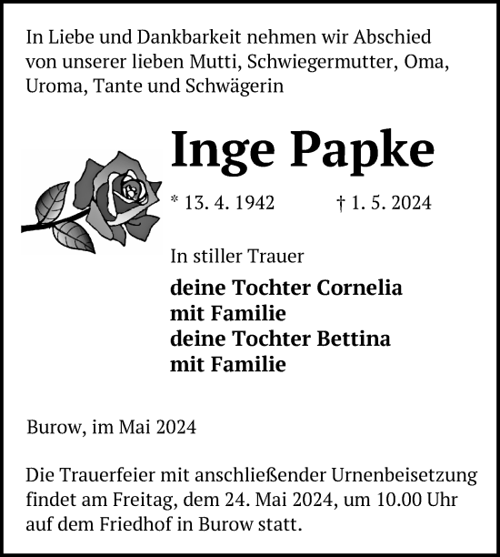 Traueranzeige von Inge Papke von Nordkurier Neubrandenburger Zeitung