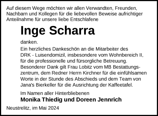 Traueranzeige von Inge Scharra von Nordkurier Neubrandenburger Zeitung