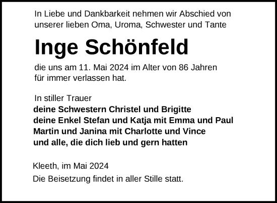 Traueranzeige von Inge Schönfeld von Nordkurier Neubrandenburger Zeitung