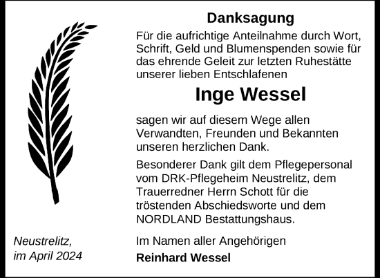 Traueranzeige von Inge Wessel von Nordkurier Strelitzer Zeitung