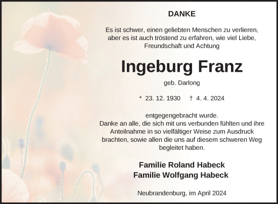 Traueranzeige von Ingeburg Franz von Nordkurier Neubrandenburger Zeitung