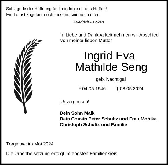 Traueranzeige von Ingrid Eva Mathilde Seng von Nordkurier Haff-Zeitung