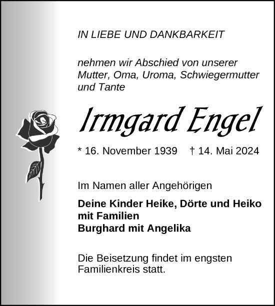 Traueranzeige von Irmgard Engel von Nordkurier Müritz-Zeitung