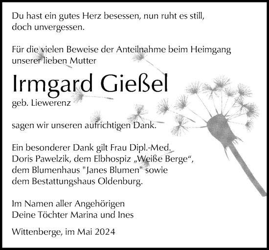 Traueranzeige von Irmgard Gieße 