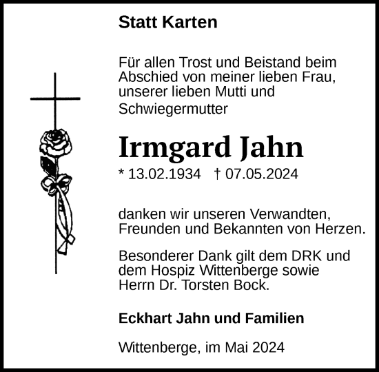 Traueranzeige von Irmgard Jahn 