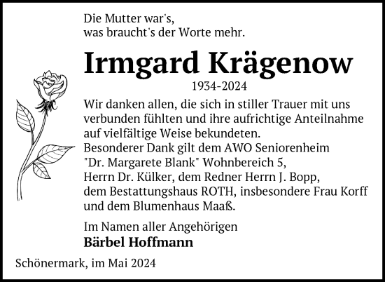 Traueranzeige von Irmgard Krägenow von Uckermark Kurier Prenzlauer Zeitung