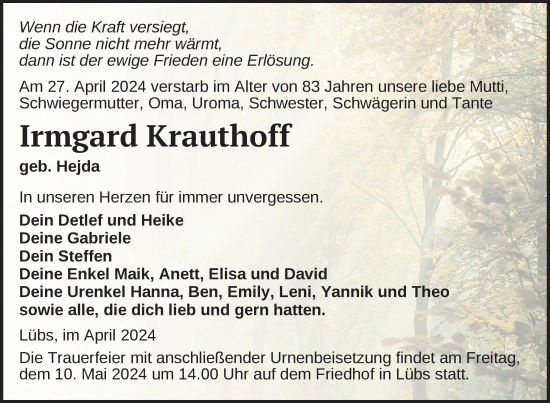 Traueranzeige von Irmgard Krauthoff von Nordkurier Haff-Zeitung