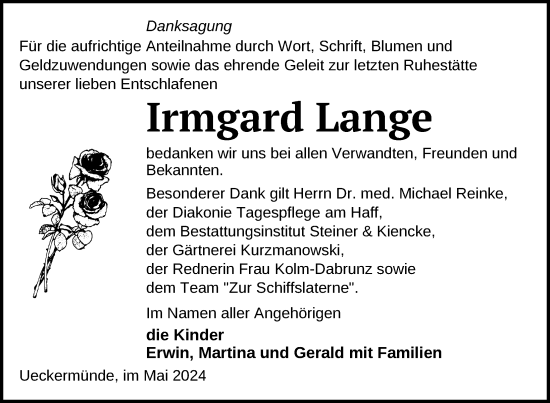 Traueranzeige von Irmgard Lange von Nordkurier Haff-Zeitung